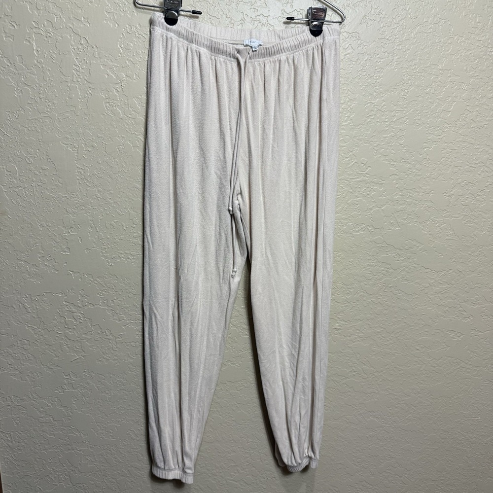 NIA women joggers size Large beige sweatpants pockets pull on Loungewear Comfort
